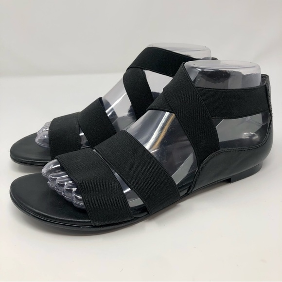 Stuart Weitzman Black Leather and Elastic Crisscross Straps Flat Sandal Open Toe - Picture 2 of 10